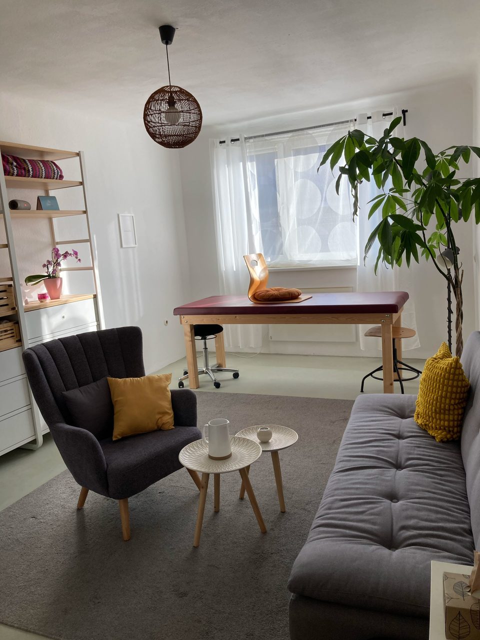 Praxisraum mit Sofa, Sessel, Liege und Pflanzen